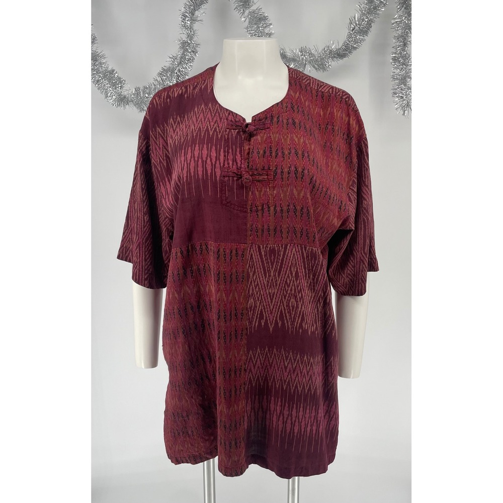 Vintage Thai Silk Patchwork Tunic Burgundy Magenta Frog Closure Size L